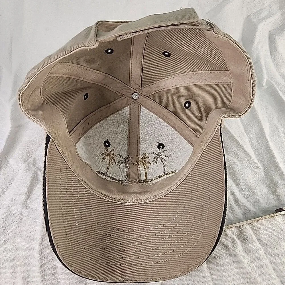 Cap Bahia De Huatulco Tan Baseball Hat Embroidered Gold/Silver Palm Trees Adj